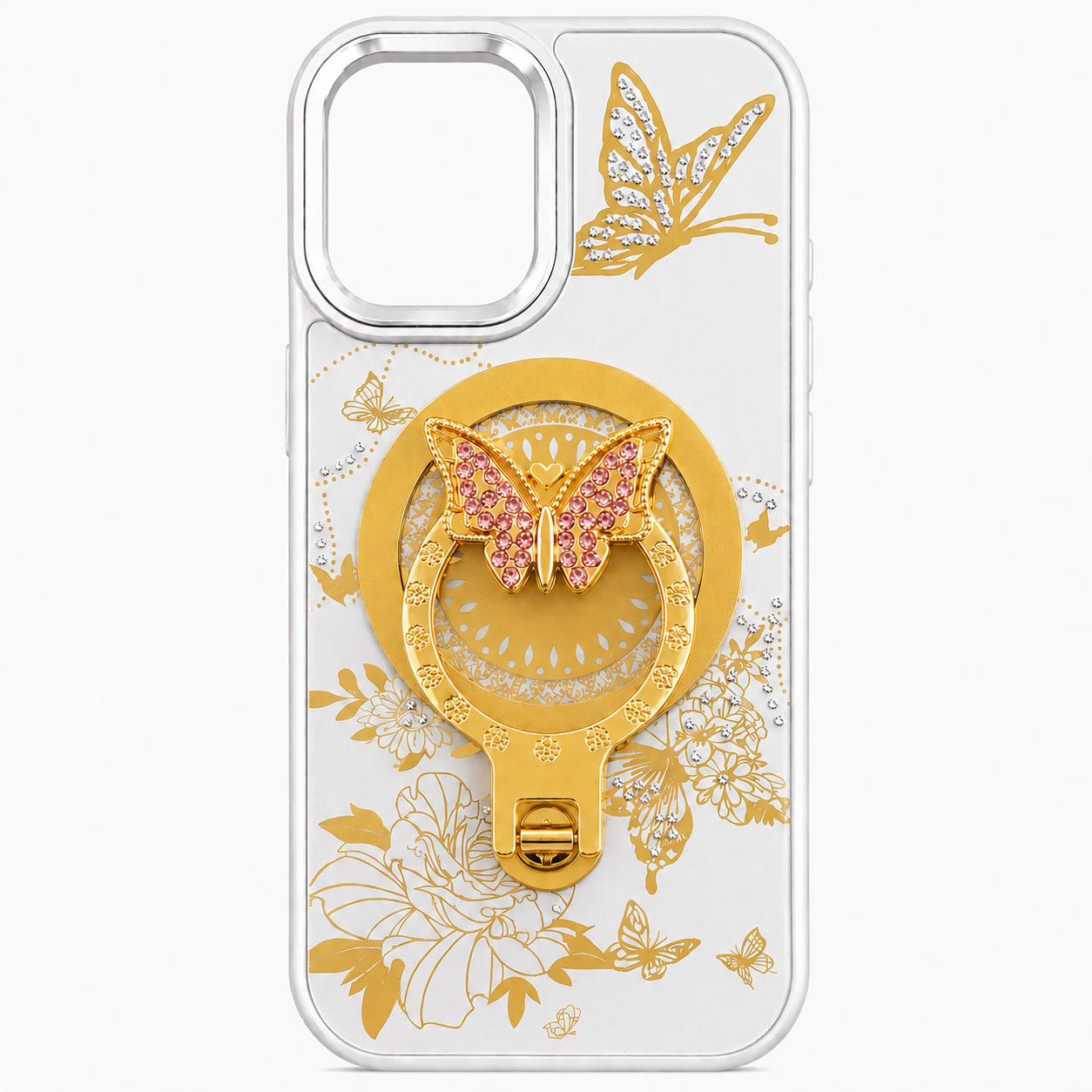 Glitter Sparkle Butterflies Ring Stand Bling Diamond Kickstand Shockproof Protective Cover in silver, compatible for IPHONE 17